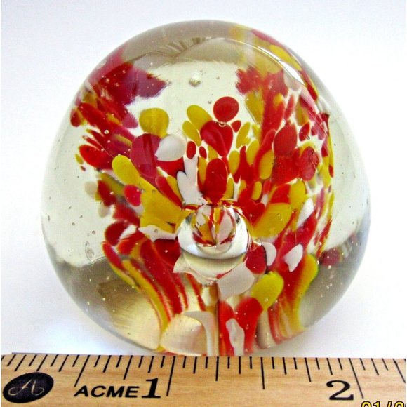 Art Glass Paperweight Dome/Egg Shape Clear & Red/Yellow with Controlled Bubbles - Picture 7 of 7